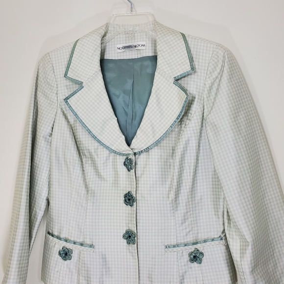 Noviello-Bloom Green/White Checked 100% Silk Vintage Jacket, Size 10. - Picture 3 of 16